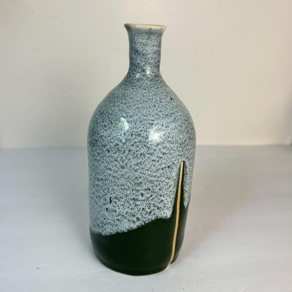 Pottery Bud Vase Speckled Blue Green Stoneware 7.5" Tall Stamped "a"